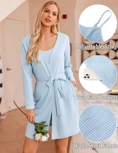 Image of Ekouaer Pajamas for Women Set 3 Piece Lounge Set Soft Pajama Sets Waffle Knit Tank Top and Shorts Cardigan with Pockets S-XXL