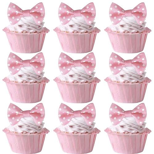 Rsstarxi 24 Pcs Bow Dots Mouse Cupcake Toppers Baby Shower Bowknot Cupcake Toppers Mouse Theme Children's Boys Girls Birthday Party Cake Decortions Pink