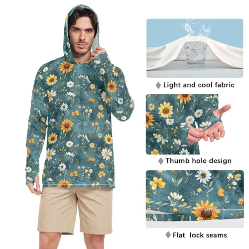 Autumn Flowers Sunflower Lily Teal Sun Shirts Hoodies for Men Long Sleeve Sailing Rash Guard UPF 50+ Golf Shirt S4