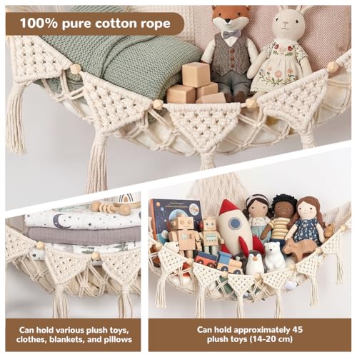 Miniatura 4 de Auauy Red Colgante Para Guardar Peluches, Hamaca Boho Red Peluches Juguetes Grande Capacidad Con Borla, Almacenamiento Suave, Organizador Colgante Para La Decoración De La Habitación Infanti Beige
