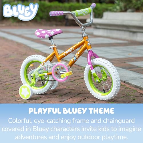 Image of Bluey 12 Inch Kids Bike by Dynacraft for Boys and Girls with Training Wheels, Coaster Brake, Sturdy Frame, Easy Assembly, Fun Bluey Design, Beginner Toddler Bicycle