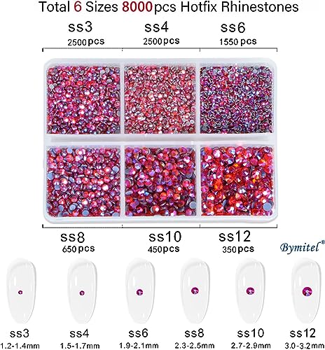 Image of Bymitel Hotfix Crystal Rhinestones Round Gems for Crafts,Mixed 6 Sizes with Wax Pencil Kit, Siam AB1.3-3.2mm(SS3-SS12 /8000pcs)
