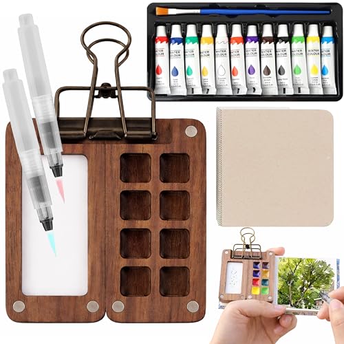 Mini Watercolor Travel Set - 12 Colors Paint Set Refillable Brush & Sketchbook and 2 Pens Compact Travel Art Kit Gift for Birthdays Holidays & Art Lovers