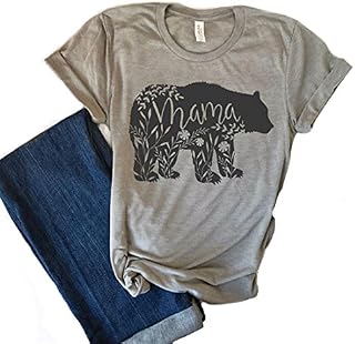 Women's Floral Mama Bear Print Crew Neck Short Sleeve T Shirts for Mom