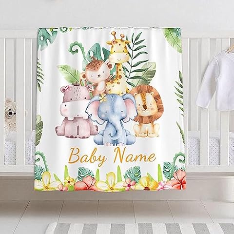 Personalized Baby Blanket for Girls Boys Elephant Hippo Custom Baby Blanket with Name Swaddle Blanket for Toddlers Infants Kids Shower Newborns Nursery Stroller Crib Decor Throw Birthday Gift Cover