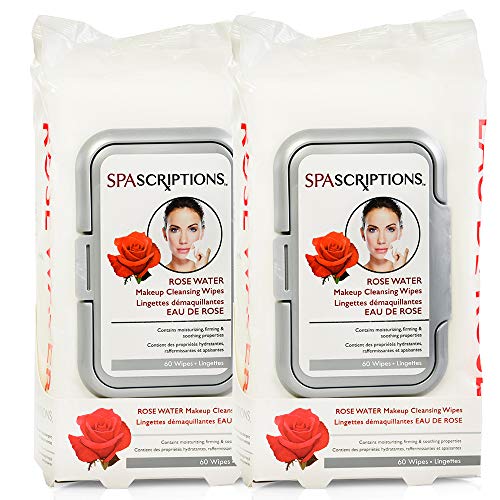 SpaScriptions Rose Water Makeup Wipes - Facial Cleansing Wipes - Makeup Remover Wipes (60 Wipes) (2 Pack (120 Wipes))