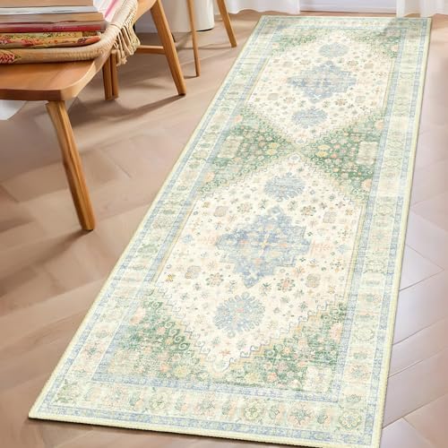 MUJOO Tapete corredor lavable, 2x6 pies, boho, verde y azul miniatura 1