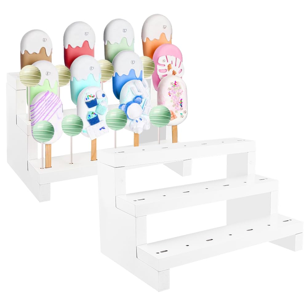 FINGERINSPIRE 2Pcs Cakesicle Stand Display 3 Tier White Wooden Cake Pop Stand Display Riser 27 Holes Sucker Stand for Dessert Table Wooden Lollipop