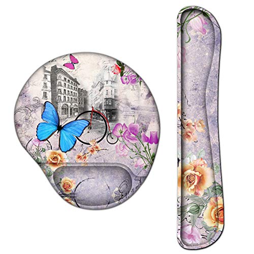 AUPET Keyboard Wrist Rest Pad and Mouse Wrist Rest Support Mouse Pad Set,Non Slip Rubber Base Wrist Support Ergonomic Memory Foam Durable Comfortable for Easy Typing & Pain Relief (Blue Butterfly)