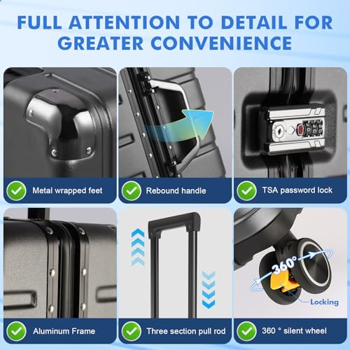 Zipperless Luggage - 20 Inch Airline Approved Carry On 22x14x9 in, 9H Scratch-Proof Hard shell PC with Aluminum Frame for Business travel Gray3