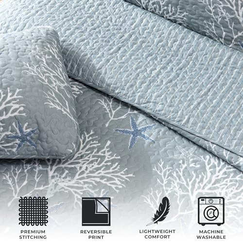 King Coastal Quilt Bedding Set, Summer Coastal Quilt with Shams, Beach 3-Piece Reversible All Season Bedspread Quilt Set. Lightweight Nautical Quilted Coverlet. Fenwick Collection, Pearl Blue - Image 4