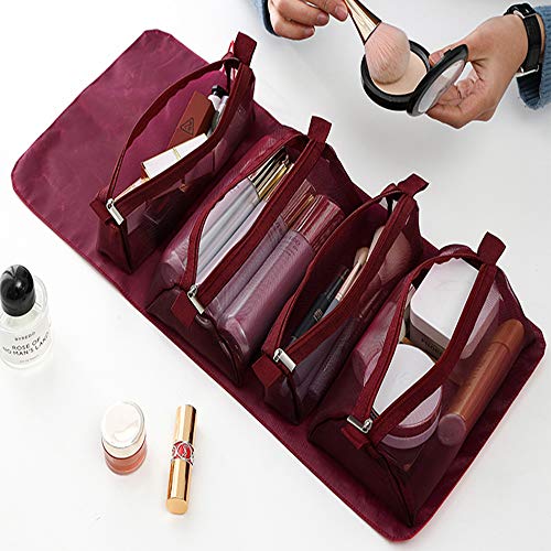 MOONKKA Roll Up Toiletry Bag Travel Cosmetic Case Organizer Portable Artist Storage Bag with Four Detachable Storage Bags for Cosmetics Makeup Brushes Toiletry Jewelry,Bordeaux red