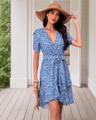 Image of Womens Wrap V Neck Short Sleeve Dress 2025 Summer Floral Boho Dress Ruffle A Line Flowy High Low Midi Dresses