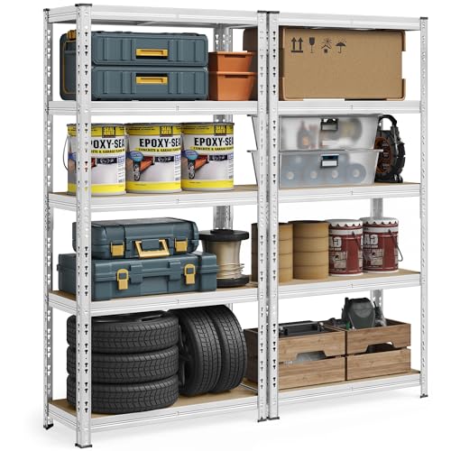 SONGMICS Set di 2 Scaffali per Carichi Pesanti, Portaoggetti da Cantina, 50 x 100 x 200 cm, Portata fino a 875 kg, Montaggio Facile, Scaffalatura da Magazzino, Ripiani Regolabili, Argento GLR447E02