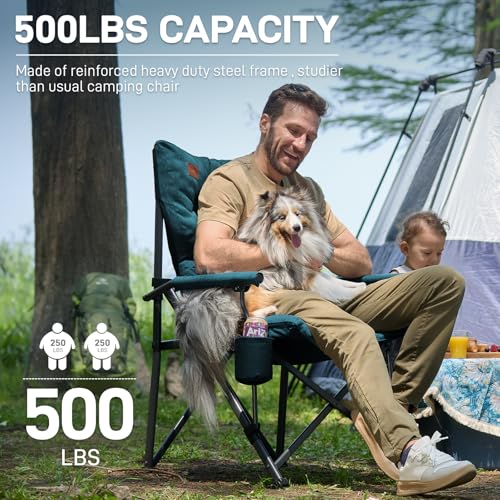Image of EVER ADVANCED Padded Oversized Folding Camping Chair for Adults, Heavy Duty Lawn Chair with Side Pockets, Portable Collapsible Quad Chair for Outside, Support Up to 500lbs, Green