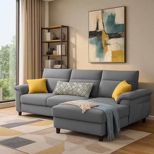 Image of Casaliving Seams RHS 4 Seater L Shape Sofa for Living Room (Dark Grey Fabric) Premium Fabric Sofa