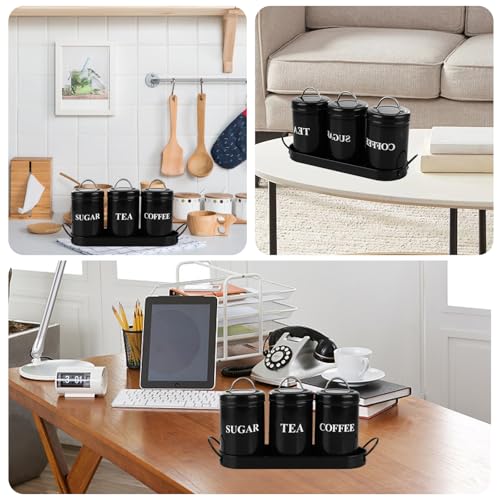 LOLYSIC 3Pcs Tea Coffee Sugar Canisters Set with Tray, Black Round Airtight Metal Storage Jars, 1000ml Kitchen Canister Tins Set for Tea, Coffee, Sugar, Flour, Dry Food Storage - Cosy Home Interiors LOLYSIC 3Pcs Tea Coffee Sugar Canisters Set with Tray, Black Round Airtight Metal Storage Jars, 1000ml Kitchen Canister Tins Set for Tea, Coffee, Sugar, Flour, Dry Food Storage - Image 7
