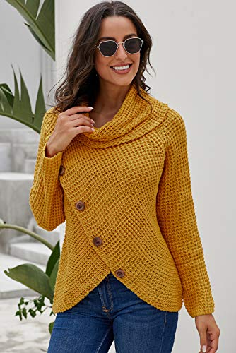 Women's Button Turtle Cowl Neck Sweater Asymmetric Hem Wrap Knitted Pullover Casual Jumper Tops3