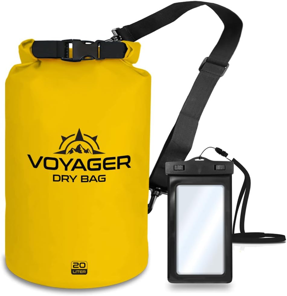 EcoGear FX Heavy Duty Waterproof Dry Bag Voyager Series - Durable Roll Top Compression Bag - Kayaking, Rafting, Boating, Hiking, Fishing, Camping and Outdoors - Phone Case Included - 20L