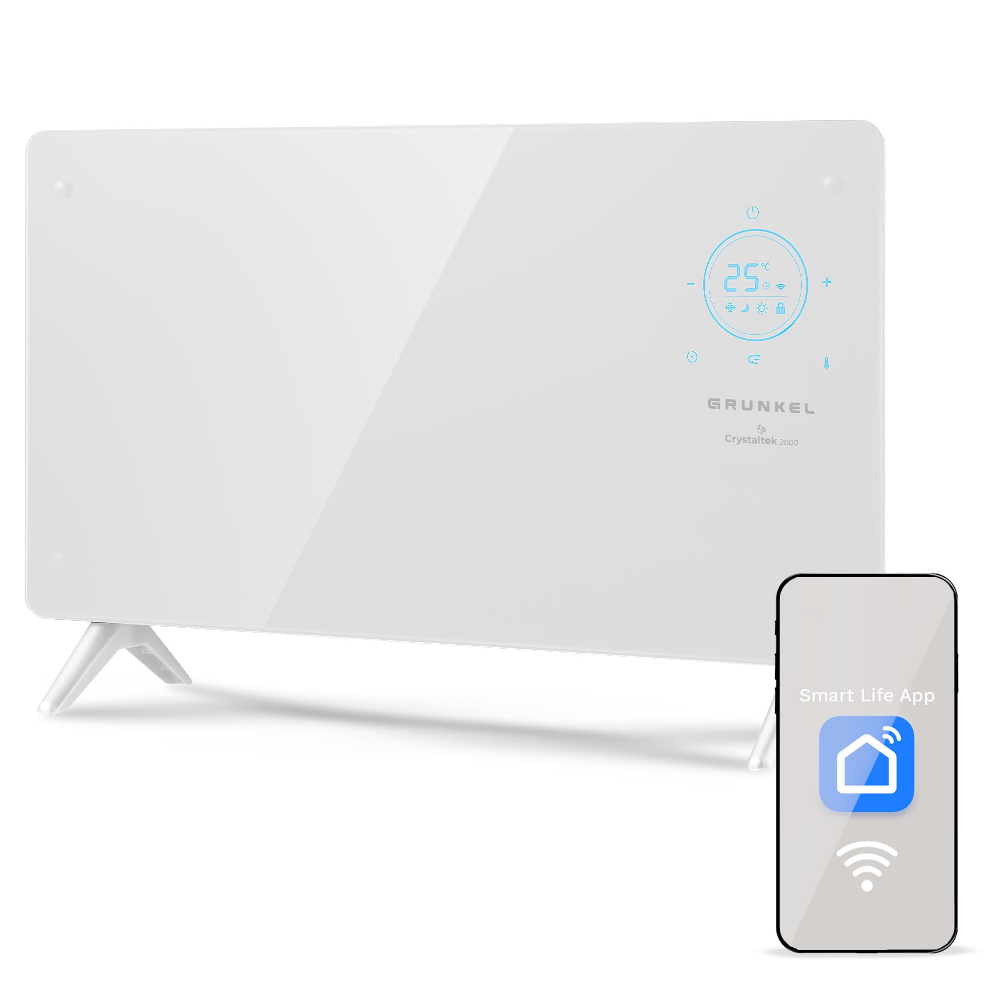 GRUNKEL - Thermo-Sender GP-2000CT 2000 W | Digitales Panel mit WLAN | 3 Leistungsstufen | 24-Stunden-Programmierung | regelbares Thermostat | mobile App | Glasscheibe | Kindersicherung