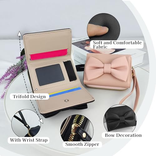 Small Wallet for Women, Trifold PU Leather Wallets with Zipper Coin Pocket and Multiple Card Slots, Cute Bow Credit Card Holder Coin Purse with Wrist Strap (Pink)3