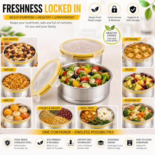 Image of Stainless Steel Airtight Round Container with Leak Proof Lid | BPA Free Food Storage Lunch Box Dabba for Office College School Home Travel | Tiffin Box (5.50 x 12 cm Size) | Pack of 2,Yellow
