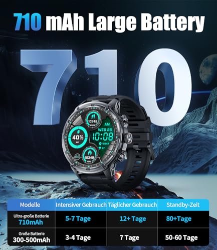 Smartwatch Herren(Telefonfunktion),1.85‘’ HD Großes Display/710 mAh Akku Sportuhr Herren mit Taschenlampe/120+ Sportmodi,5ATM Wasserdicht Fitnessuhr mit Herzfrequenz,Schlafmonitor für Android iOS – Bild 3