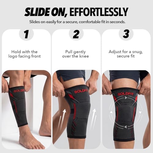Image of Boldfit Orthopedic Knee Caps for Men & Women Knee Support for Pain Relief, Gym, Running, Arthritis & Workouts Anti-Slip Knees Sleeves for Squats, Sports, Badminton, Black Red- M