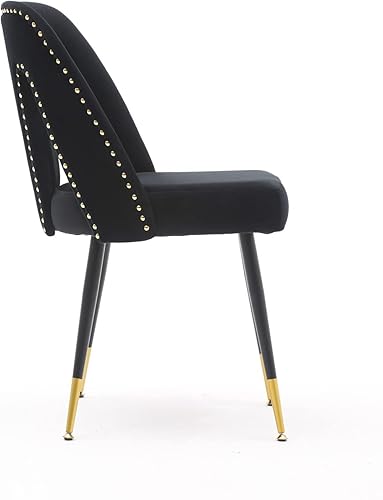 Miniatura 7 de Aoowow Juego de 2 sillas de comedor modernas, sillas laterales tapizadas de terciopelo con cabezas de clavos y patas de metal negro con punta dorada