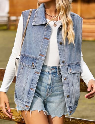 Women's Vintage Denim Vest Summer Trendy Casual Button Down Sleeveless Jean Jacket Waistcoat Vests4