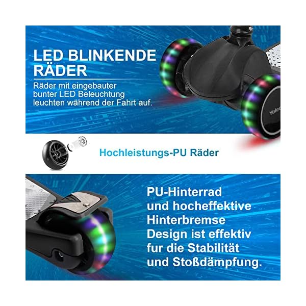 YOLEO Kinderoller Kinderscooter Dreiradscooter mit LED Räder, 2-Rädern Hinterbremsen,4 Höhenverstellbare, faltbar Lenker, 50kg belastbar, für Kleinkinder Jungen Mädchen, ab 3 Jahre – Bild 3