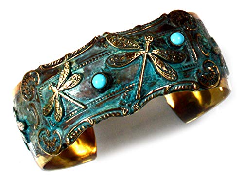 Elaine Coyne Wearable Art Patina Brass Dragonflies Cuff Bracelet - Turquoise