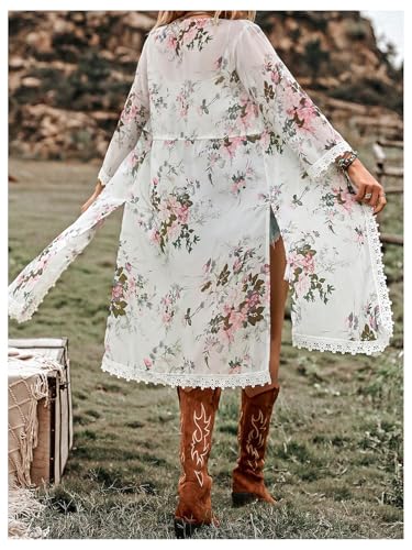 SHENHE Women's Summer Long Flowy Kimono Lace Trim Tie Front Floral Boho Beach Western Cardigan2