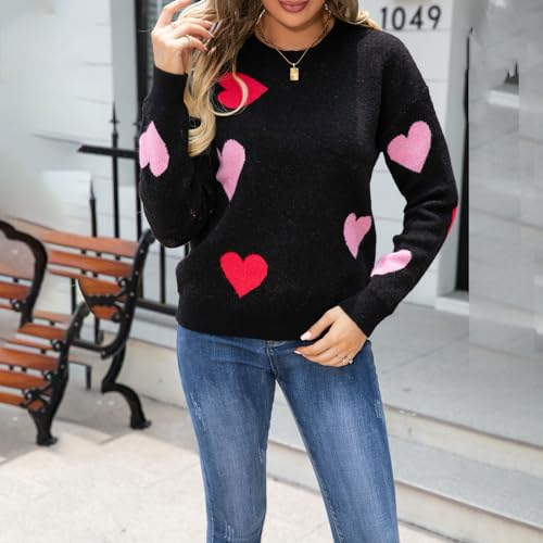 Image of Women's Cute Heart Sweater Love Print Valentine Romantic Knitted Top Casual Crewneck Long Sleeve Sweaters Pullover