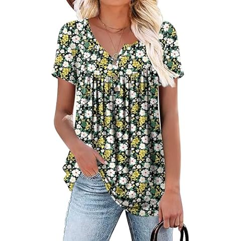 POPYOUNG Women's 2024 Summer Short Sleeve Tunic Tops Spring Casual Henley Shirt Loose Blouses XL, Black Hawthorn Flower Cover