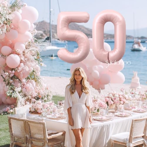 Image of 40 Inch Light Pink Number 50 Balloon 0-9 50th Foil Big Giant | Digital for Birthday Anniversary Graduation Decorations
