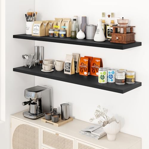 Image of Dreamland 55 inch Floating Shelves for Wall, 12 inch Deep Slim Black Floating Shelves, Wall-Mounted Shelves for Bedroom, Living Room, Kitchen, Bathroom - Set of 2