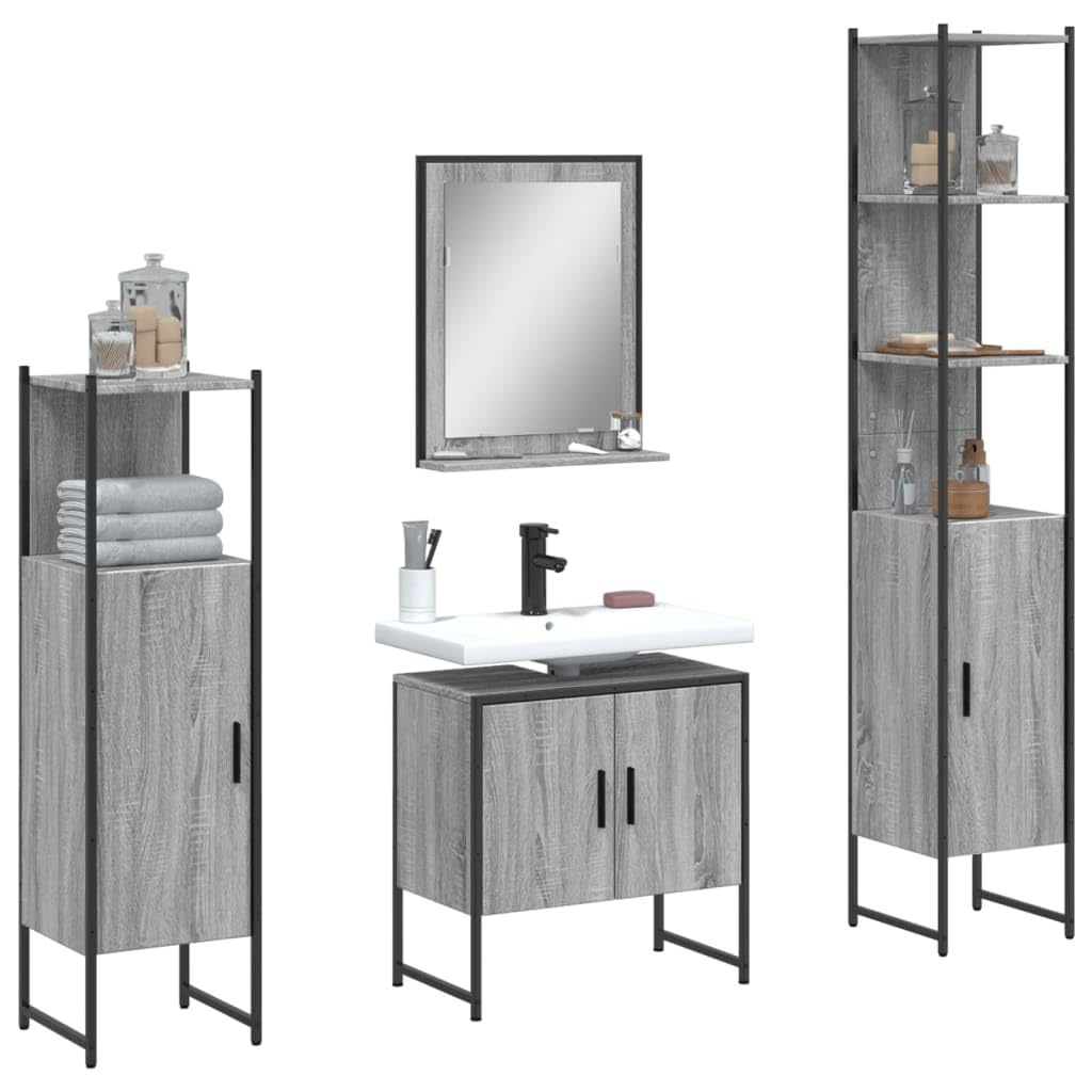 Fengshui Juego de muebles de baño de 4 piezas de color gris de madera y acero con recubrimiento en polvo con mucho espacio de almacenamiento, incluye espejo con estante para utensilios de baño como