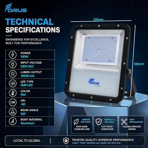 Image of Forus 100W Red Color Flood Light Outdoor LED Waterproof Decorative Focus Lamp for Home Garden Events Security Terrace Landscape Pathway Building Festival Stage Party Celebration Lighting - 1 Pc