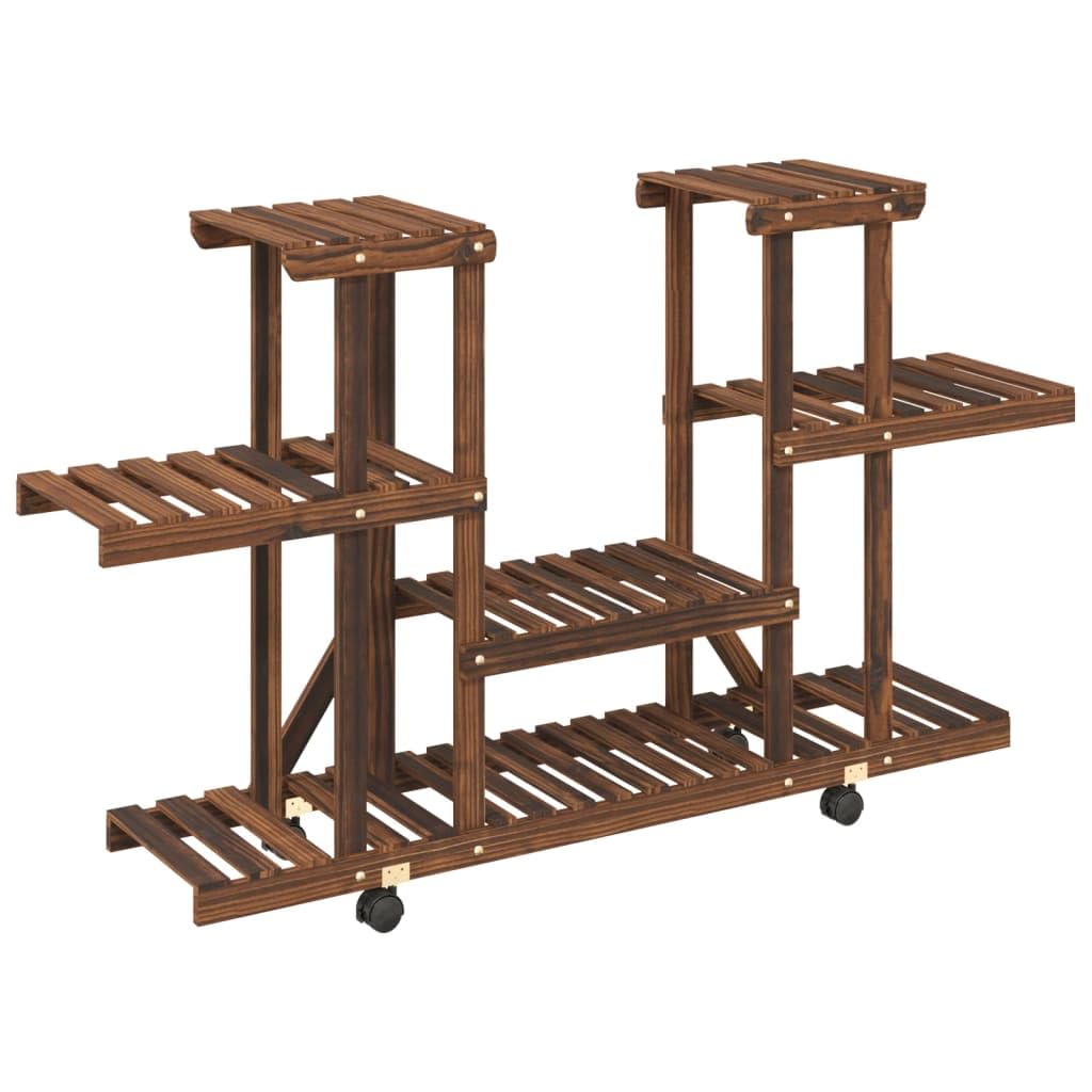 SYDE Supporto per fiori con ruote, in legno di abete, 110 x 25 x 78 cm | Carbonizzato artigianale, resistente all'umidità, ruote a 360 gradi, scaffale per piante e decorazione