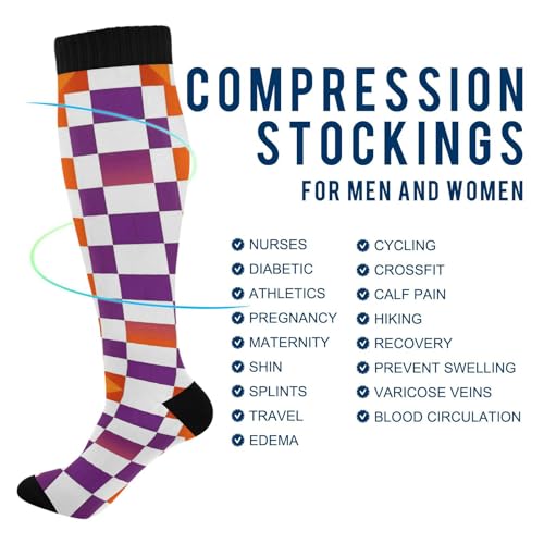 Dussdil Orange Purple Halloween Plaid Compression Socks for Women Men Circulation Long Knee Sock for Big Kids Teen Sport Gym Running Stockings4