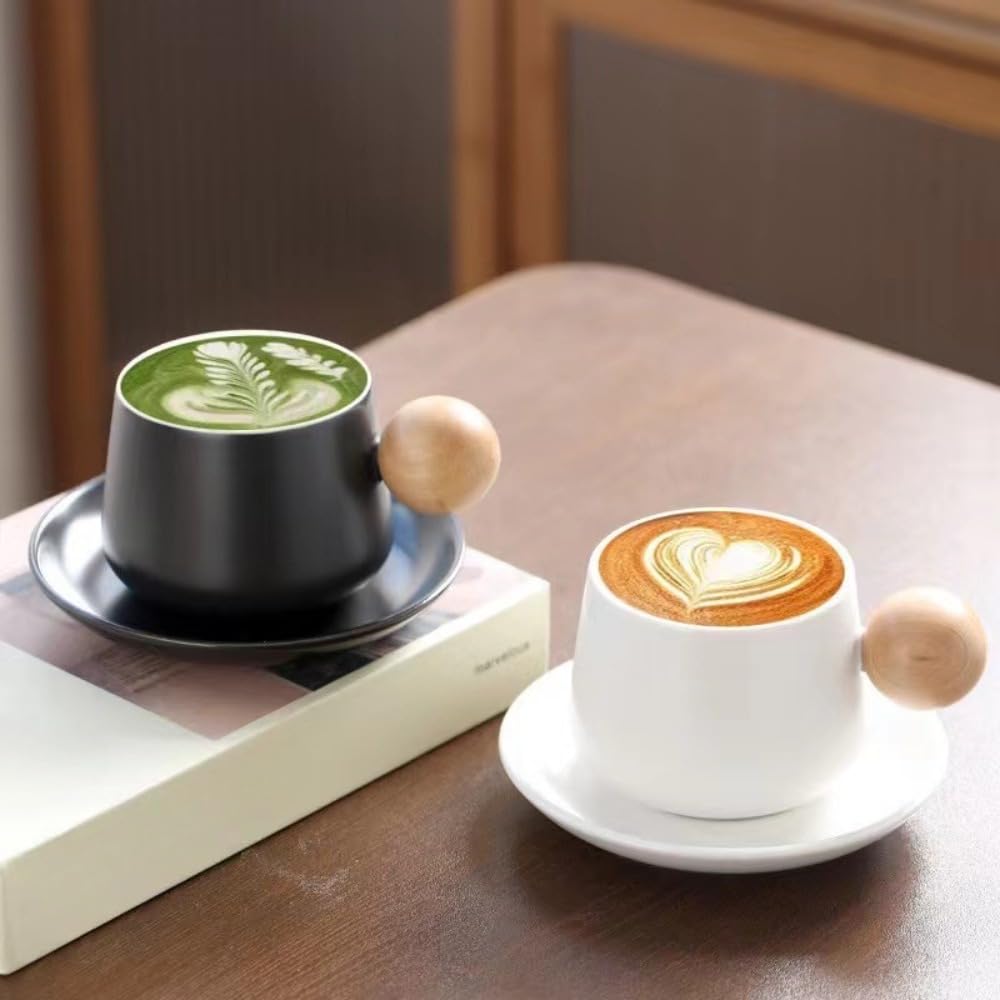 Tasse et Soucoupe en céramique, 320 ML / 10,82 oz, pour la Maison, Le Bureau, l'eau ou Le thé (Blanc, 320 ML / 10,82 oz)