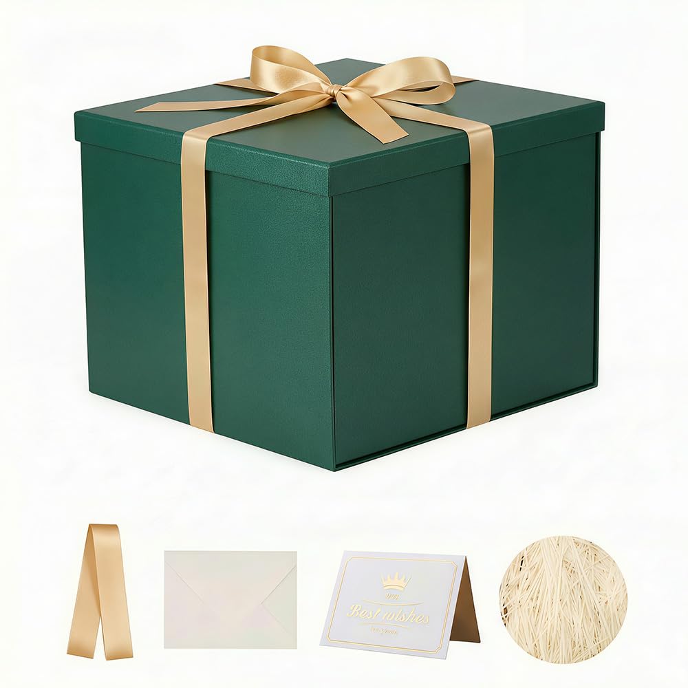 Large Gift Box with Lid 32x32x25 cm, Green Gift Boxes for presents Packaging for Birthdays, Valentine's Day, Christmas (Include Shredded Paper Fill, Envelope Card Ribbon)
