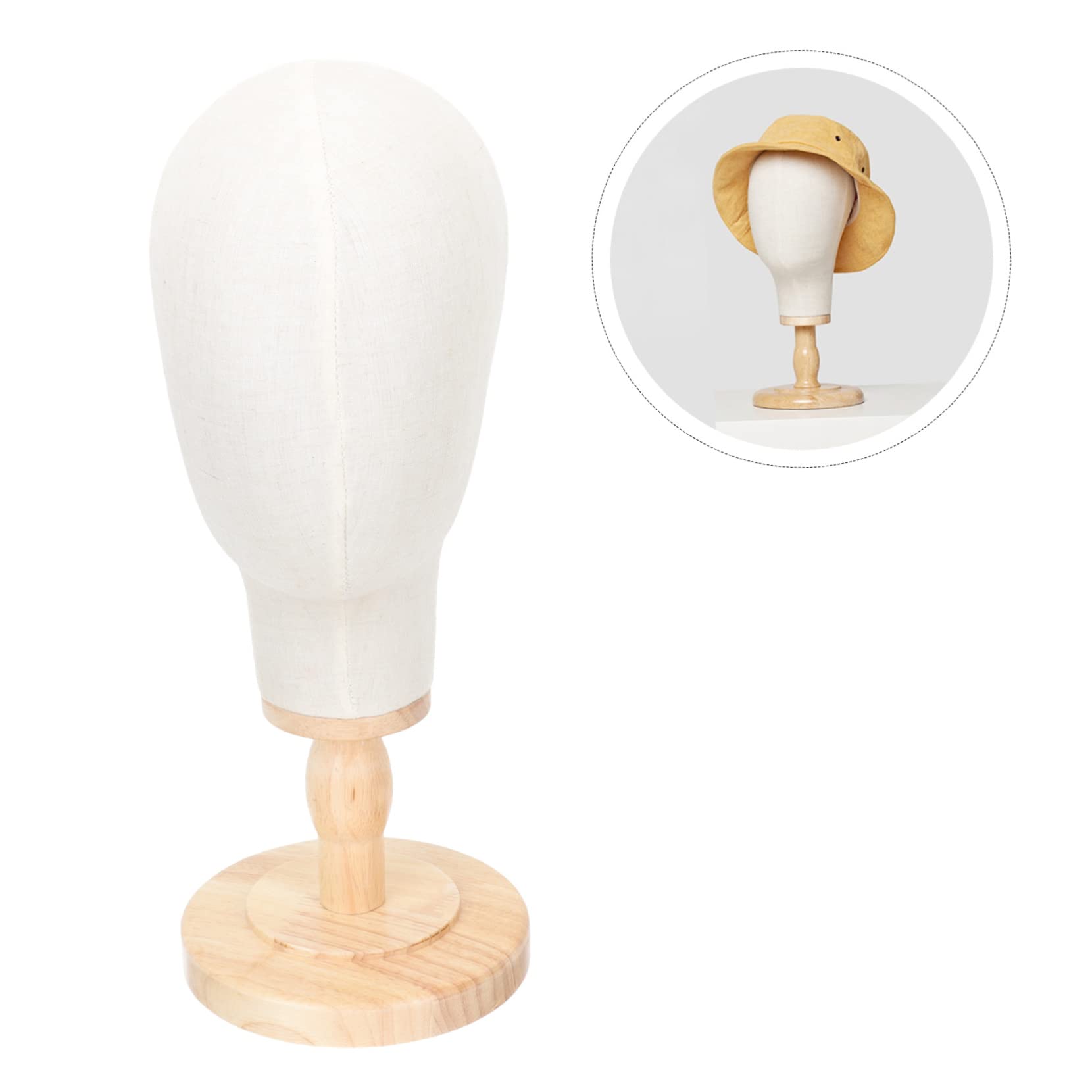ULTECHNOVO Mannequin de Tête en Lin Support Postiche, Surface Lisse et Socle en Bois pour Usage Quotidien et Présentation de Bonnets et Lunettes