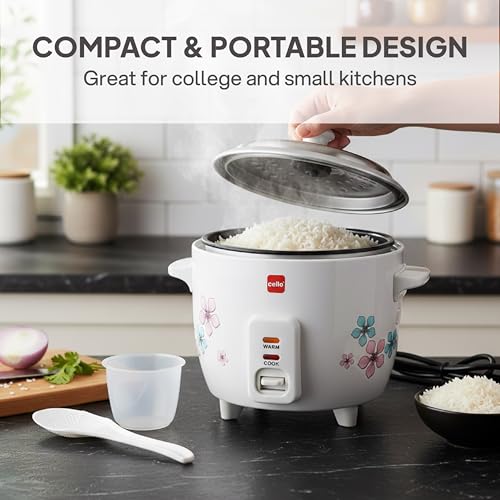 Image of CELLO Iris Electric Rice Cooker with Single Pot 600ml White | 300W Power, Removable Aluminium Non-Stick Bowl with SS Lid, Cool Touch Handle, One Touch Automatic Warm Function, For Rice, Pulao & Maggi