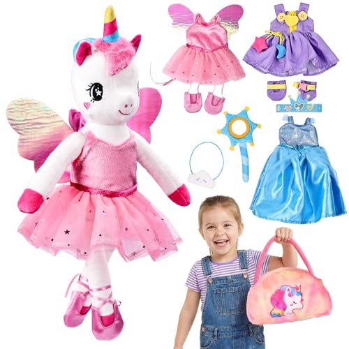 Esjay Unicorn Toys for Girls Age 4-6 Ballerina Doll Dance Recital Gifts Unicorn Stuffed Animal Ballet Dress up Doll Plush Bag 3 Outfits Pretend Play Birthday 3 4 5 6 Year Old Little Girl