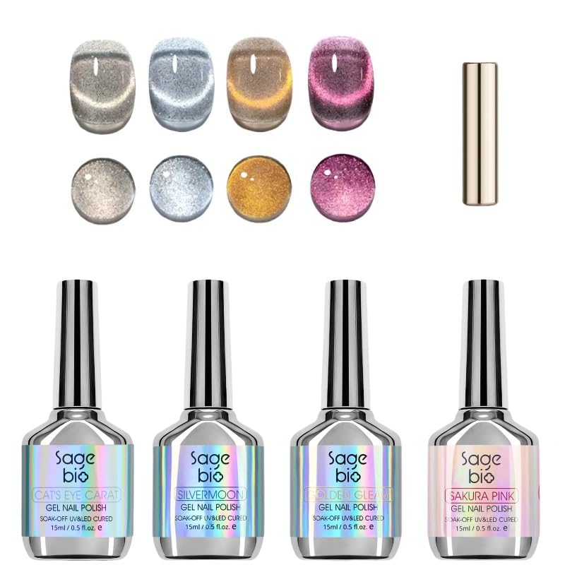 Cat Eye Gel Nail Polish Set with Magnetic Powder, 4 x 15ml Bottles, UV/LED Cured, Long-Lasting 4 Weeks, Stunning Magnetic Effects, DIY Manicure Kit, 01