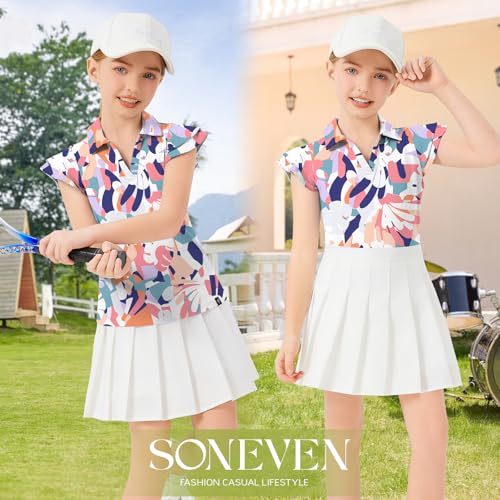 Image of Soneven Girls Ruffle Sleeve Polo Shirts V-Neck Golf Tennis T-Shirts Uniform Shirts Quick Dry for 4-14 Years