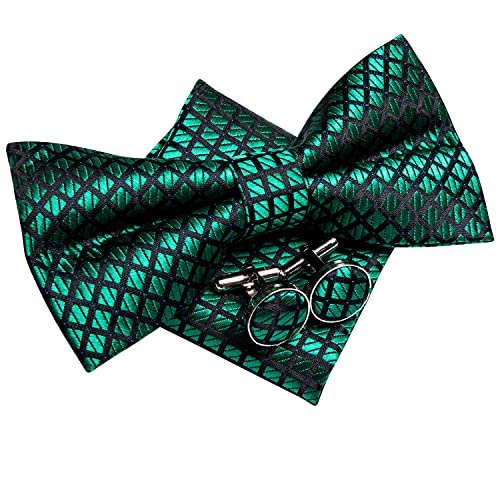 Image of Hi-Tie Pre-Tied Bowties for Men Silk Bow Ties and Pocket Square Cufflinks Set Mens Wedding Party Formal,Black Green Plaid
