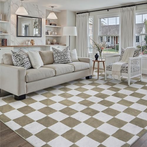 PureCozy Tapis Salon 160x230cm Antidérapant Lavable en Machine Chambre Adulte Poil Ras Rug Bureau Salle a Manger Interieur Grand Carpet Moderne Marron Blanc Damiers...